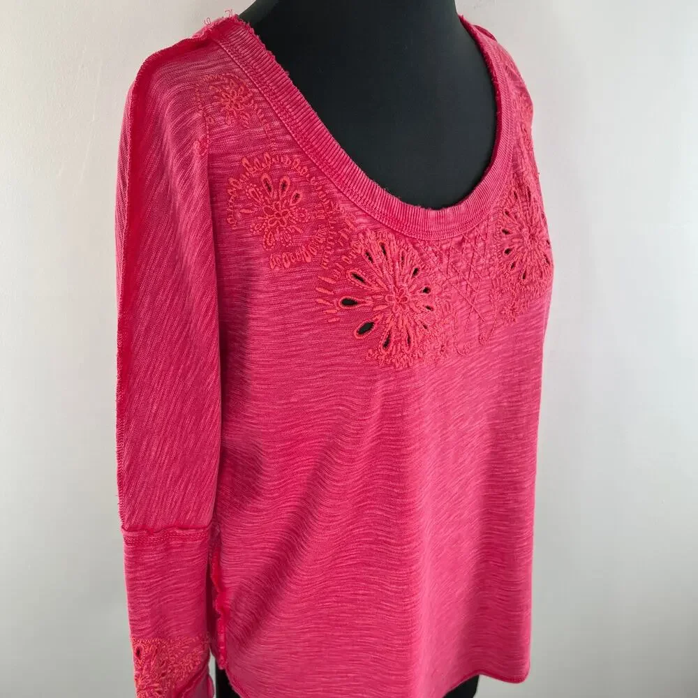 Free People Intimately Pink Long Sleeve Eyelet Back Cut-Out Cotton Top Size XS